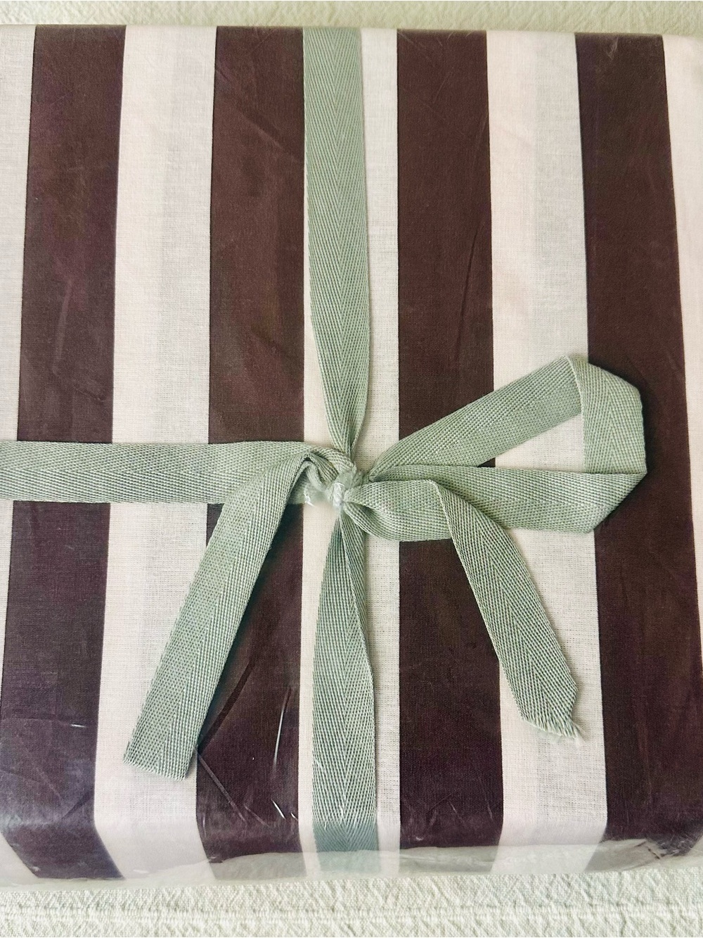 Urban Outfitters Brown and White Striped Duvet Cover with Sage Tie